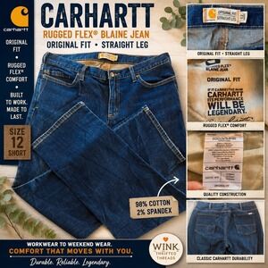 Carhartt Womens Rugged Flex Blaine Jeans Original Fit Straight Leg Dark Wash 12S